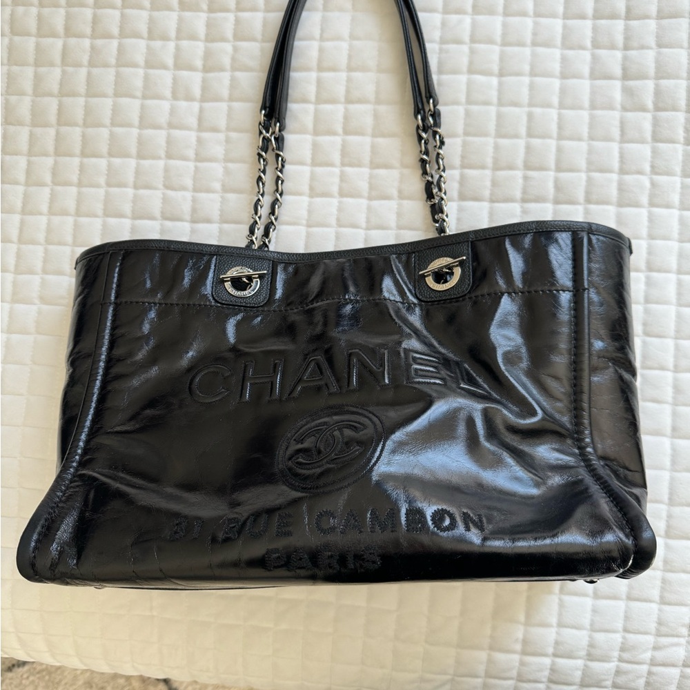SOLD Chanel black glazed calfskin Small Deauville Tote